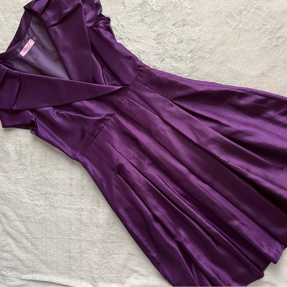 Eliza J Portrait Drape Collar Satin Tea Length Cocktail Gown Dress Purple Sz 8 - Picture 1 of 17